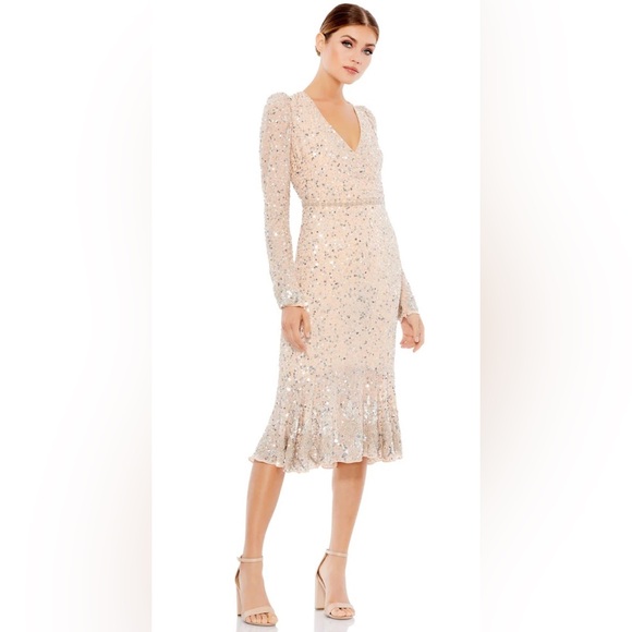 SEQUIN GOWN WITH EMBELLISHED HEMLINE AND BELT Size 16 Color Nude - Picture 1 of 7